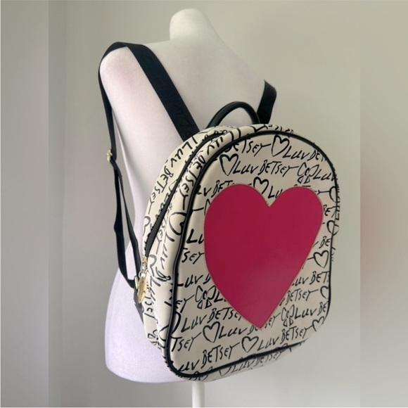 Betsey Johnson LUV Heart Backpack Hot Pink White Black - Picture 3 of 16